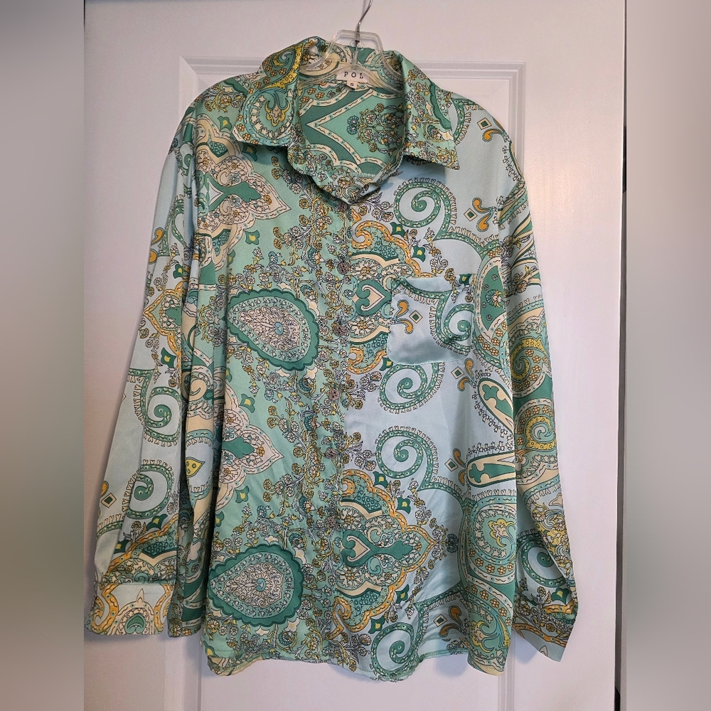 POL Green & Yellow Gold Paisley Sateen Button-Up Shirt Sz Sml